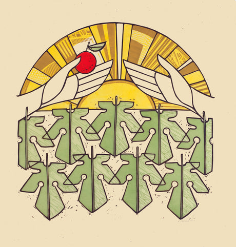 A hand passing a fruit on to another hand in front of a sun with fig leaves below.