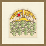 Decorative artwork with hands holding a red apple against a yellow sun, framed in brown.