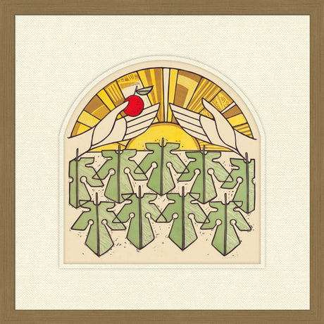 Decorative artwork with hands holding a red apple against a yellow sun, framed in brown.