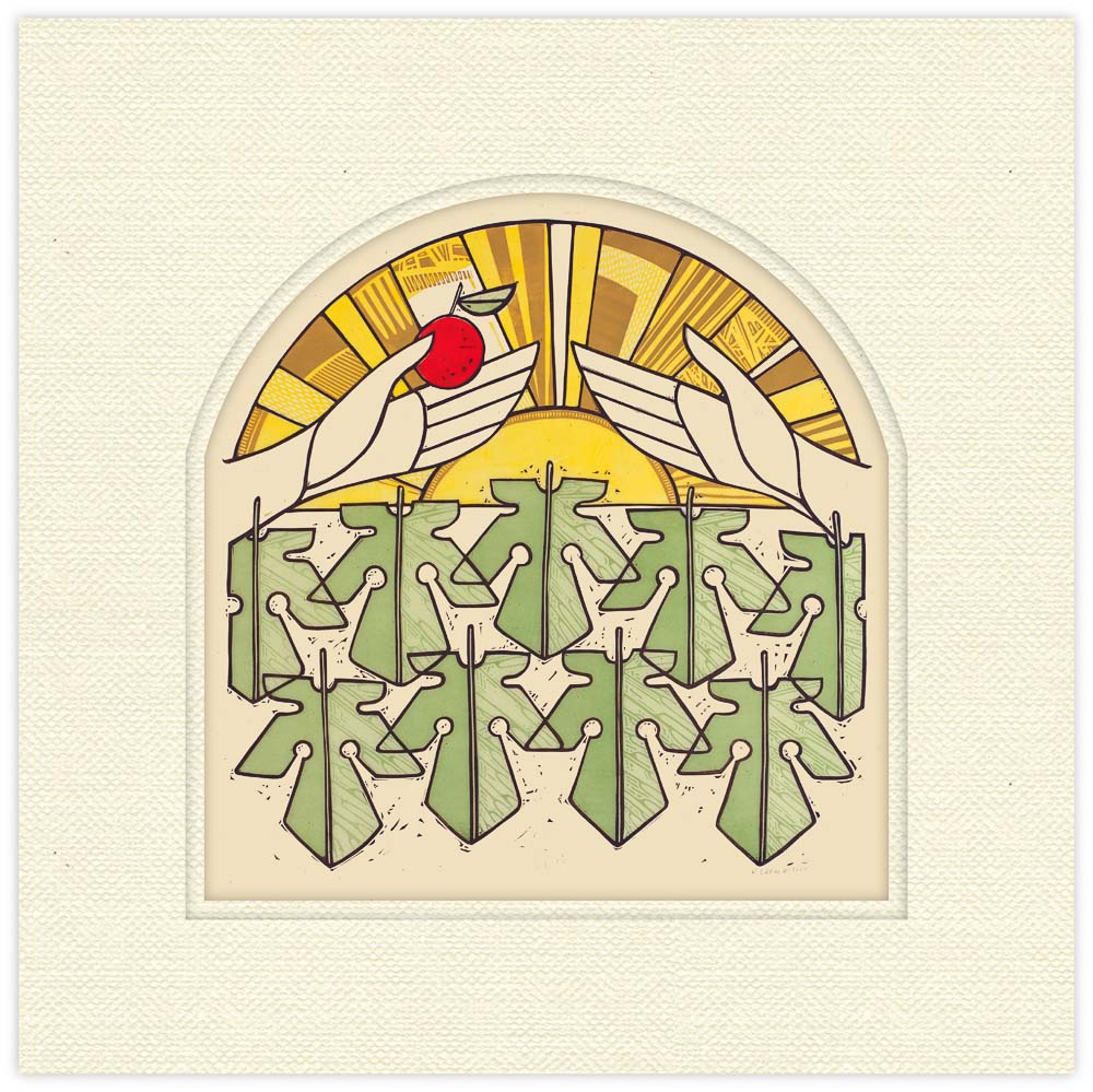 Decorative design with hands holding an apple above a group of people, on a beige background.