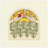 Decorative design with hands holding an apple above a group of people, on a beige background.