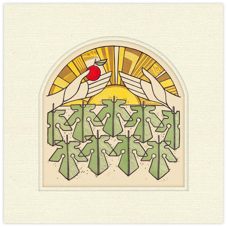 Decorative design with hands holding an apple above a group of people, on a beige background.