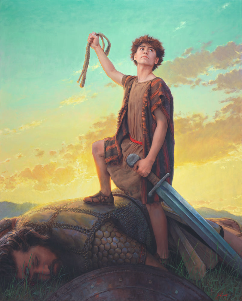 David holding a sling and a sword while stepping on the fallen body of Goliath.