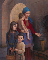 A widow with three children donating two mites.