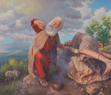 Abraham with Isaac tied on an altar.
