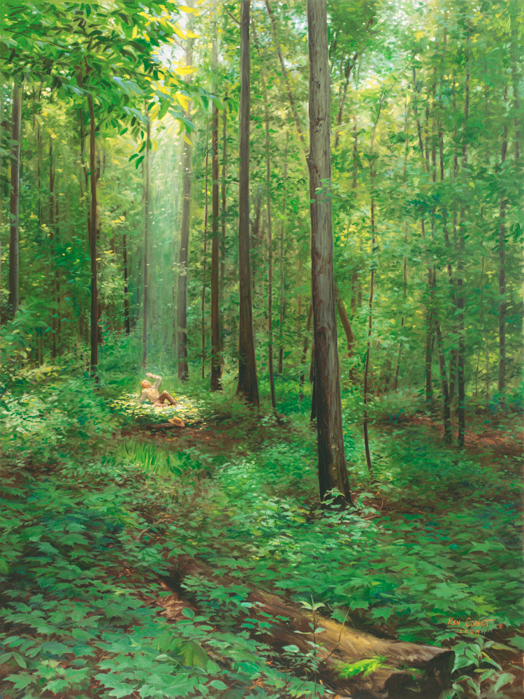 Joseph Smith in the Sacred Grove in a pillar of light.
