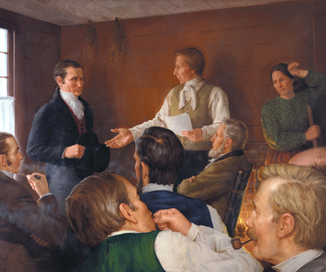 Joseph and Emma Smith in a room with men smoking pipes.