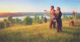 Joseph Smith and Israel Barlow standing in a field holding building plans.