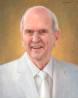 A portrait of President Russell M Nelson in a white suit.