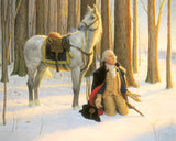 George Washington kneeling on the ground near his horse and praying.