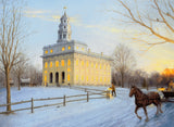 The Nauvoo Temple in winter with wagons.