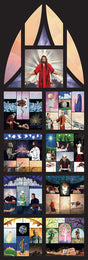 A stained glass style image that shows depictions of various scripture stories.