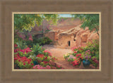 Empty tomb after Jesus had risen, surrounded by trees and flowers. Variation 20