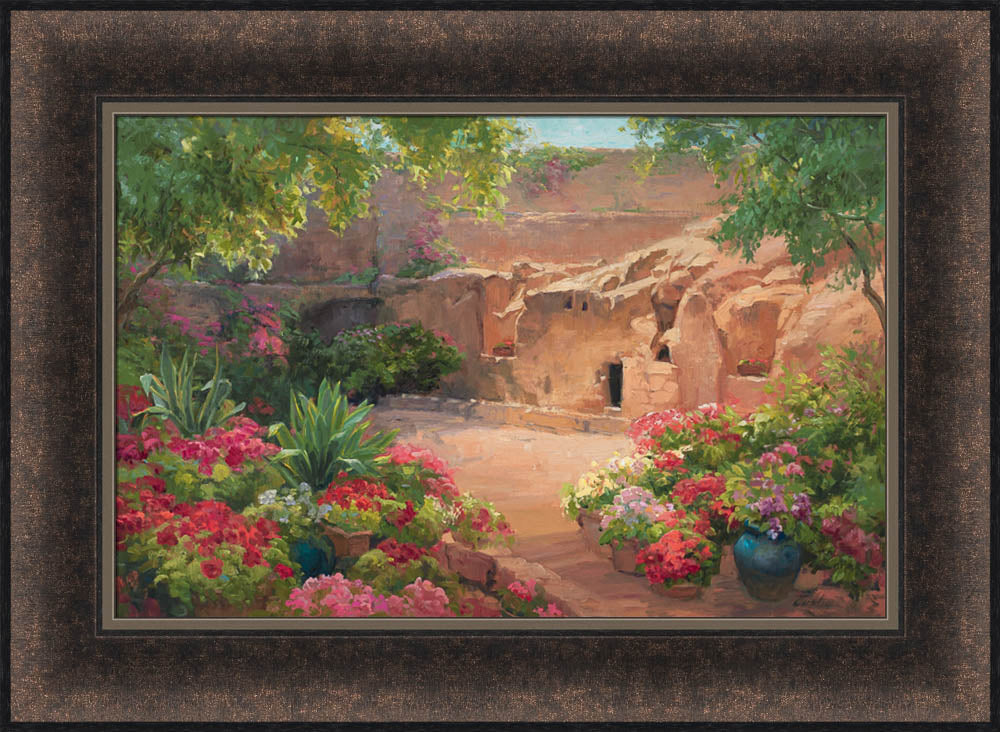 Empty tomb after Jesus had risen, surrounded by trees and flowers. Variation 18