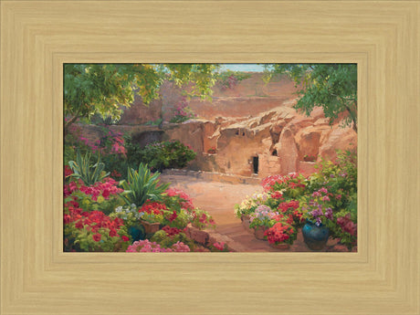 Empty tomb after Jesus had risen, surrounded by trees and flowers. Variation 17