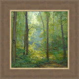 Joseph Smith kneeling in a grove of trees with a beam of light shining on him. Art 25