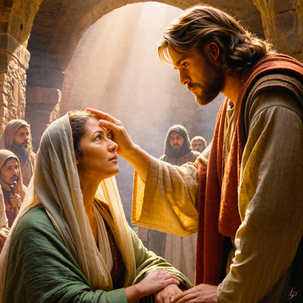 Jesus Christ healing a woman.
