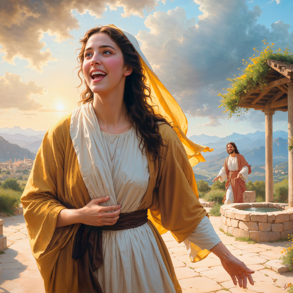 A smiling woman walking away from the well where Christ stands.