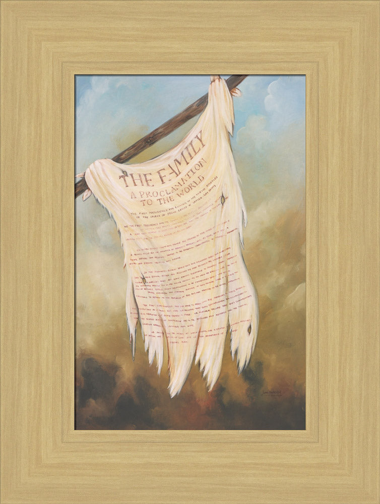 Title of liberty flag from the book of mormon with the Family Proclamation on it. Art 12