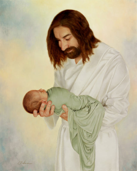 Jesus Christ holding a little baby.