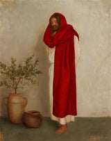Jesus Christ in red and cream clothing next to a plant.