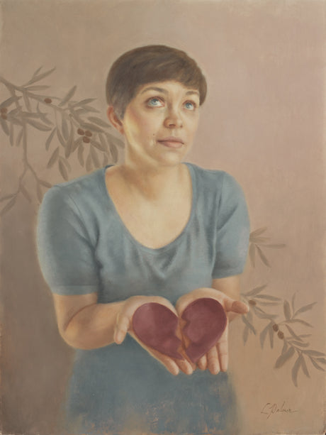 A painting of a short-haired woman in a blue shirt gazing upward as she holds out a broken heart in her open hands, with faint olive branches in the background, symbolizing the offering of a broken heart and contrite spirit.