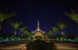 Gilbert Temple glowing at night. Palm trees line the path to the entrance.