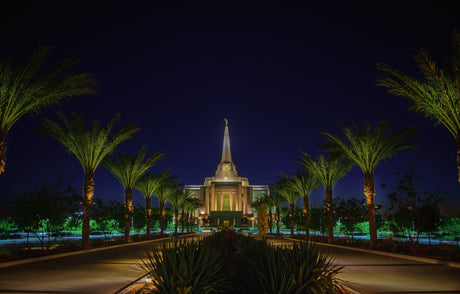 Gilbert Temple glowing at night. Palm trees line the path to the entrance.