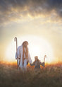 Jesus and a young shepherd holding hands walking in field. 