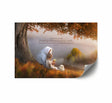 Jesus sitting beneath an autumn tree next to a small child. He is showing the child a white flower.