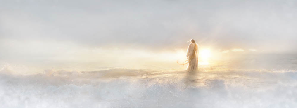 Jesus walking on water. Bright sunlight glints off the waves.