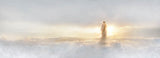 Jesus walking on water. Bright sunlight glints off the waves.