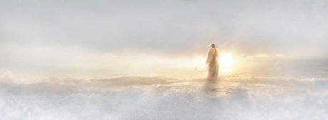 Jesus walking on water. Bright sunlight glints off the waves.