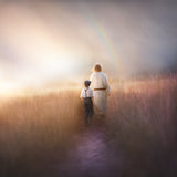 A young boy following Jesus in a field.