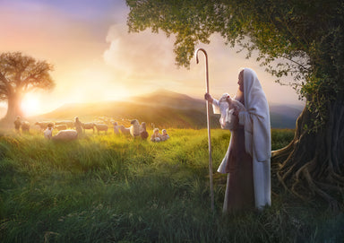 Jesus Christ holding a lamb, watching over the flock as children play with the sheep.