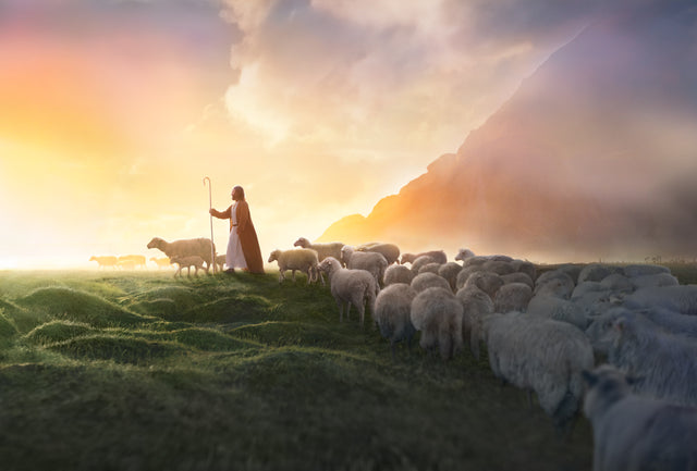 Jesus Christ leading a flock of sheep.