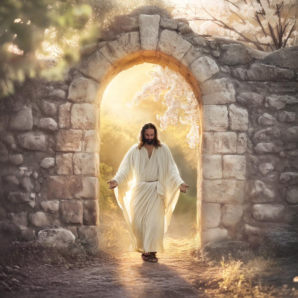 A resurrected Jesus Christ walking through an archway.