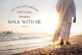 Jesus Christ walking along the shore near a boat full of fishermen.