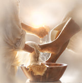 A close-up of Christ's hands washing a disciple's feet over a wooden bowl, water droplets splashing as a cloth is wrung out, bathed in warm golden light.