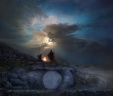 Two Roman soldiers standing guard by a small fire outside the sealed tomb of Christ on a rocky hillside, their spears silhouetted against a dramatic moonlit night sky.