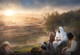 Christ seated on the Mount of Olives with his disciples gathered around him, the city of Jerusalem and the temple visible in the misty valley below.