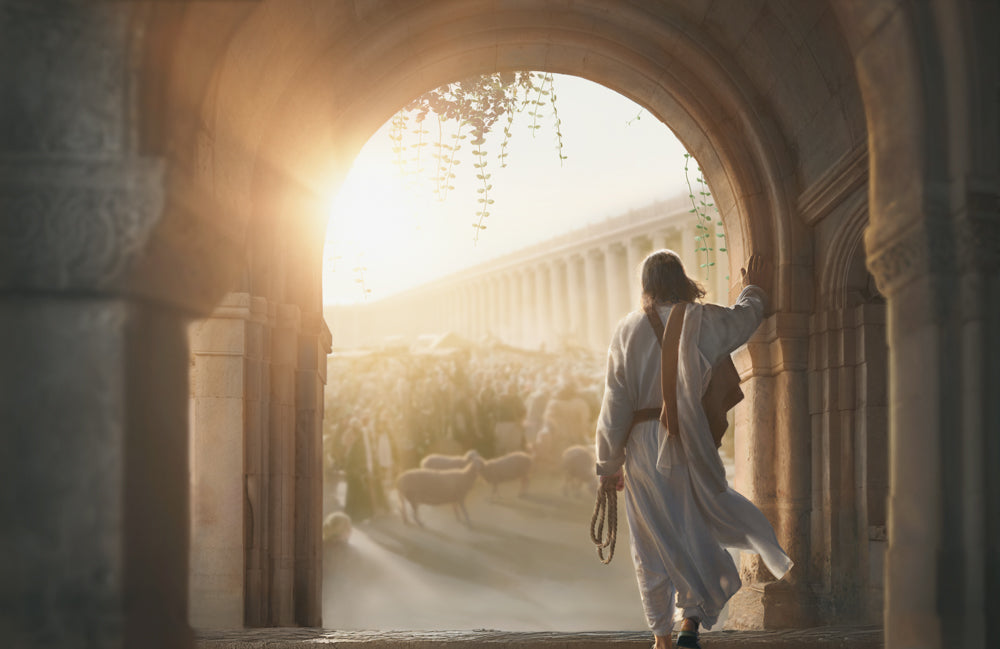 Christ walking through a stone archway into a sunlit temple courtyard, a rope in hand, as animals and crowds fill the scene beyond in the cleansing of the temple.