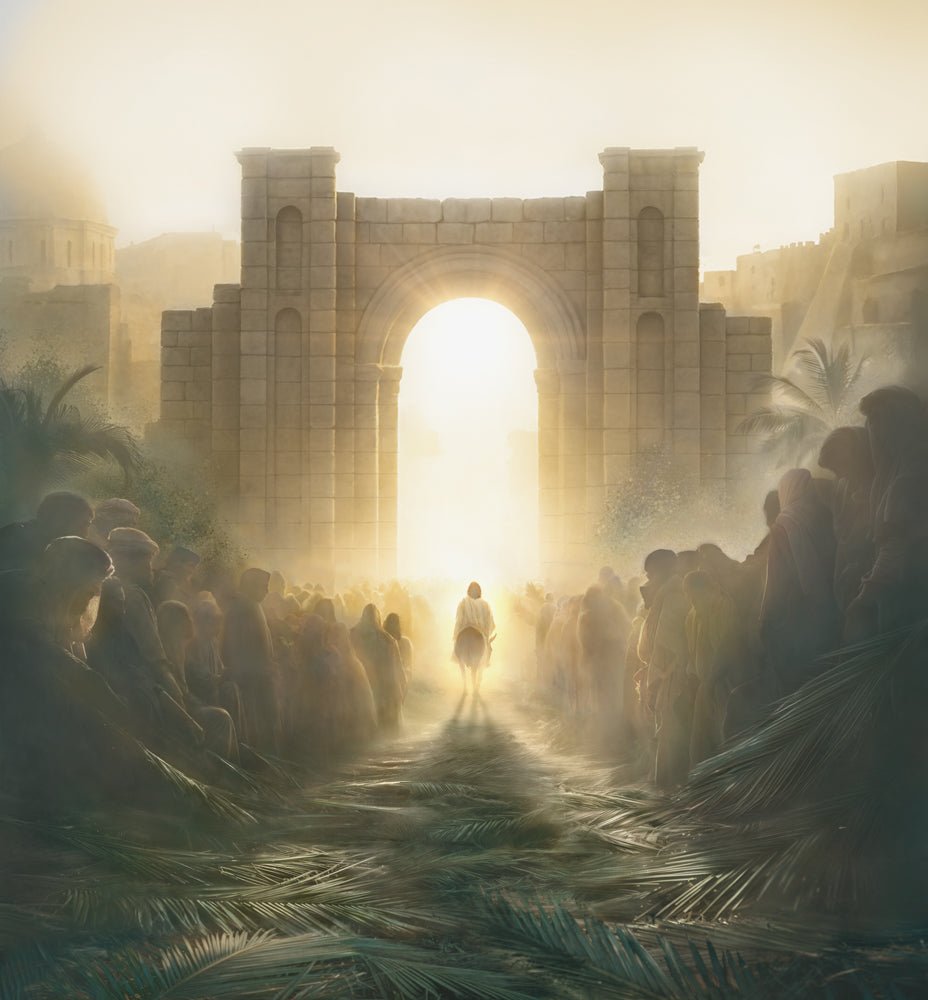 A painting of Christ's triumphal entry into Jerusalem, Christ rides a colt through crowded stone archway flooded with golden light, palm branches lining the path as crowds gather on either side.