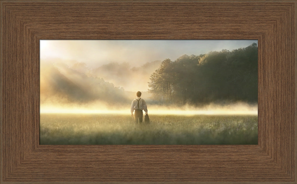 Young Joseph Smith walking towards a grove of trees. art 18