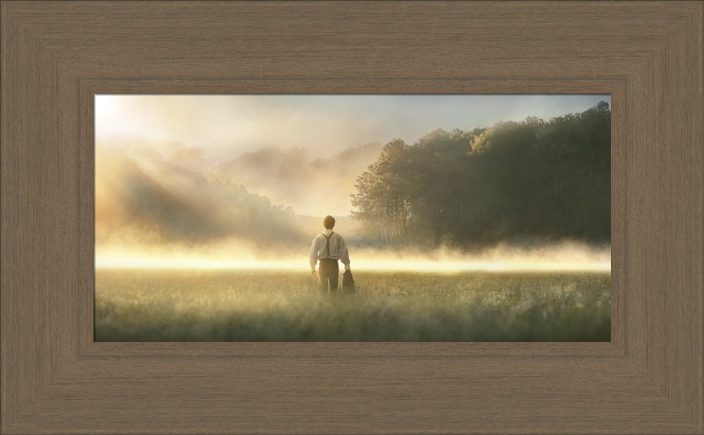 Young Joseph Smith walking towards a grove of trees. art 19