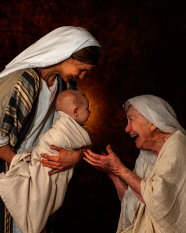 Mary shows the baby Jesus to Anna the prophetess.