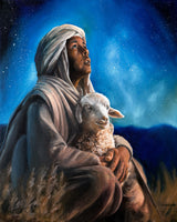 A painting of a young shepherd cradling a white lamb in his arms, gazing upward with wonder against a deep blue starry night sky.