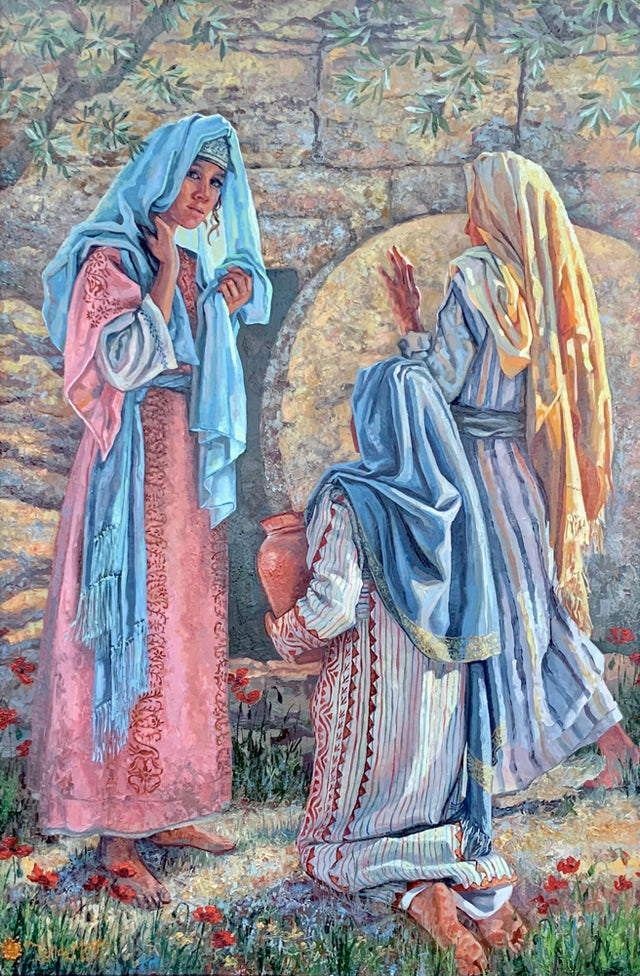 Three women outside the tomb of Jesus Christ.