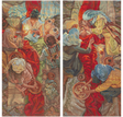 Tapestry with intricate patterns and figures in a detailed scene.