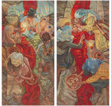 Tapestry with intricate patterns and figures in a detailed scene.